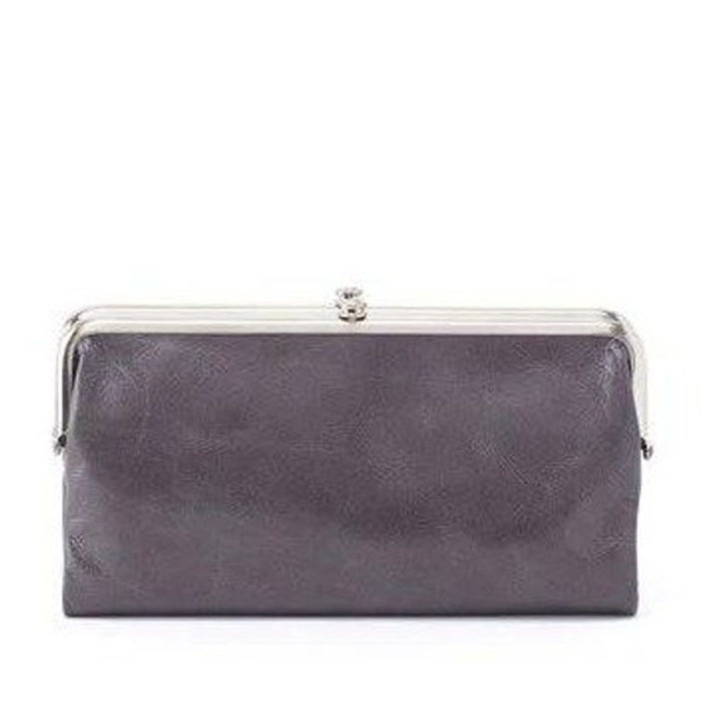 Hobo Lauren Clutch Wallet Double Frame Kiss Lock Leather Gray Purple Iconic